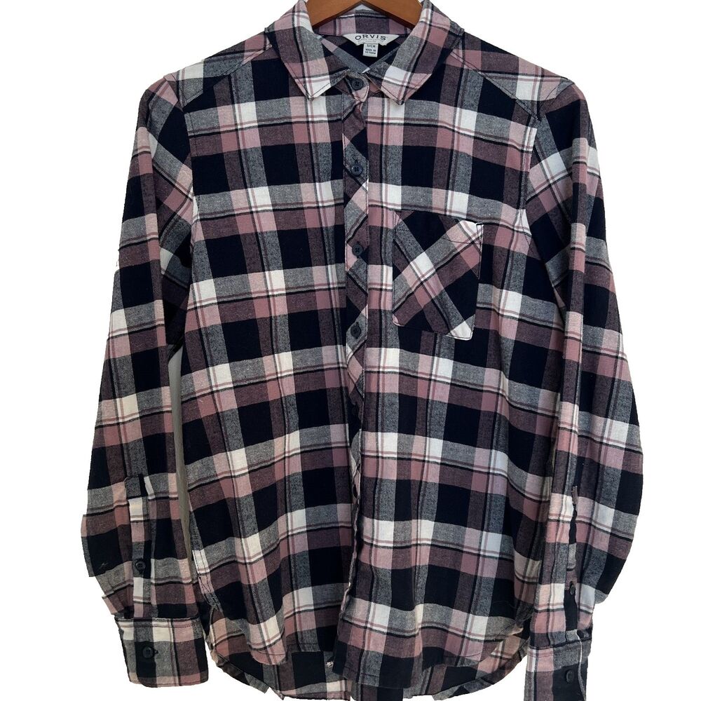 Orvis Womens Shirt S Flannel Pink Black Plaid Long Sleeve Button Up